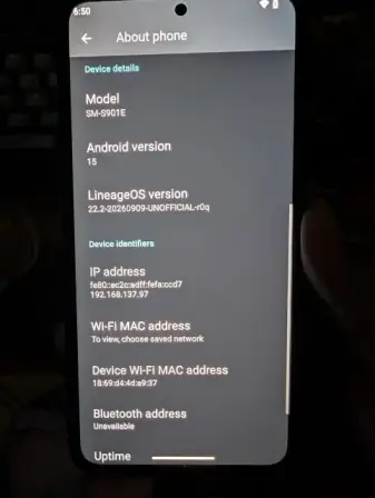 The &ldquo;About Phone&rdquo; screen, showing a Samsung SM-S901E (Galaxy S22) running LineageOS 22, based on Android 15.