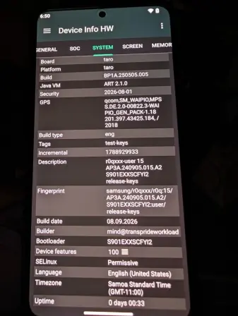 A Device Info screen, showing basic info about the device.