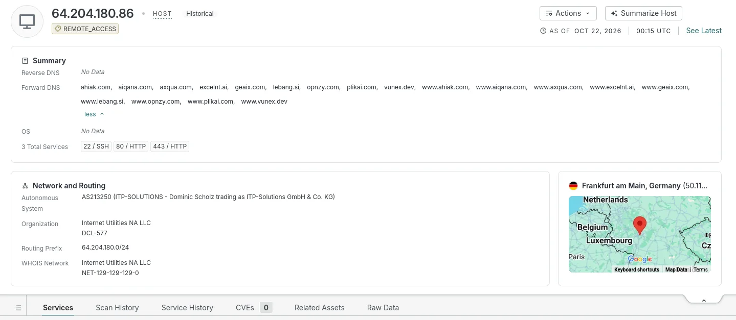 Censys host view for 64.204.180.86, showing forward DNS for geaix.com and eight related domains