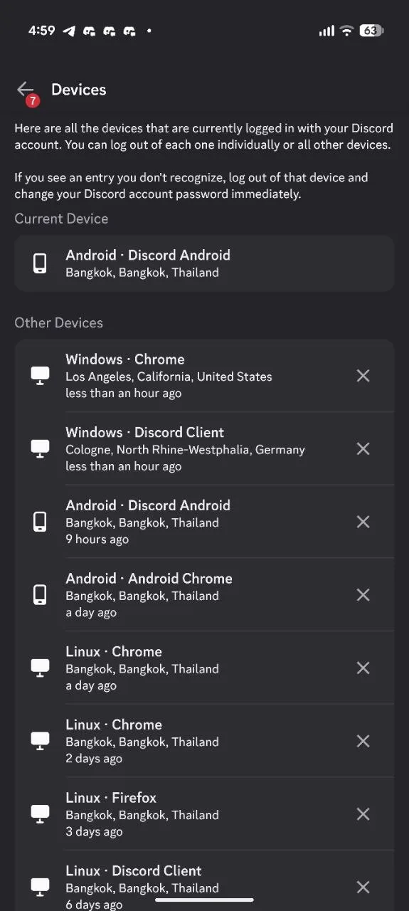 Discord Devices page with unknown Windows sessions from the United States and Germany