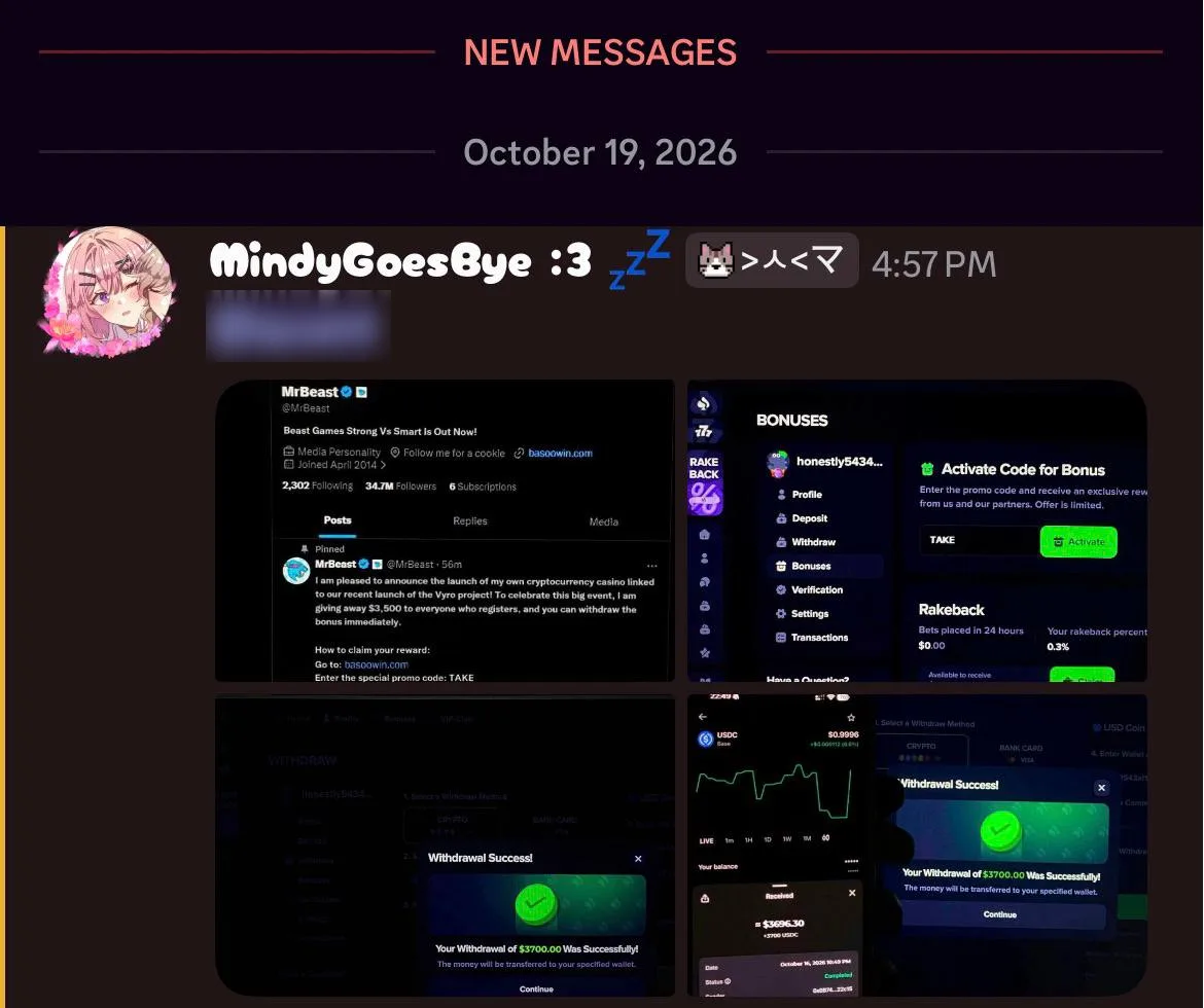 My compromised Discord account sending the MrBeast casino scam in a DM (recipient blurred)