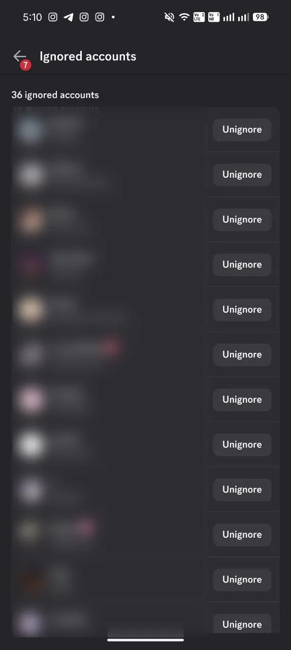 Discord Ignored accounts list with 36 entries added by the bot (names blurred)